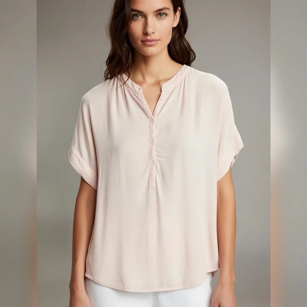 Point Sur Women's Blouse Medium J5805 Drapey Popover Shirt in Pink Top‎ Shirt